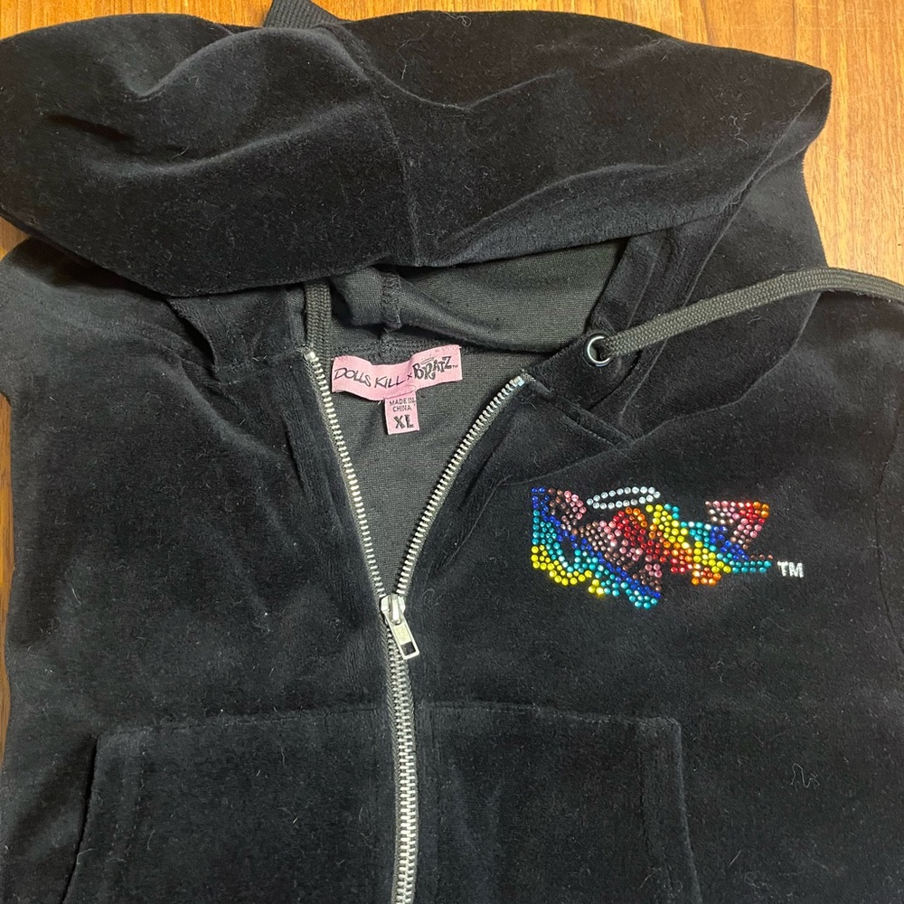 Dolls Kill Black Hoodie with Multicolor Beaded Logo and shorts
